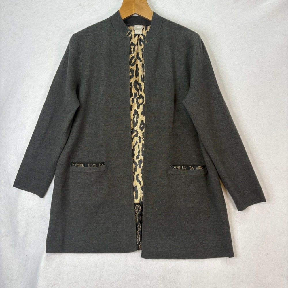 Chico's Womens Sz 2 (L) Gray Longline Jacket Cardigan Animal Print‎ Back Pockets
